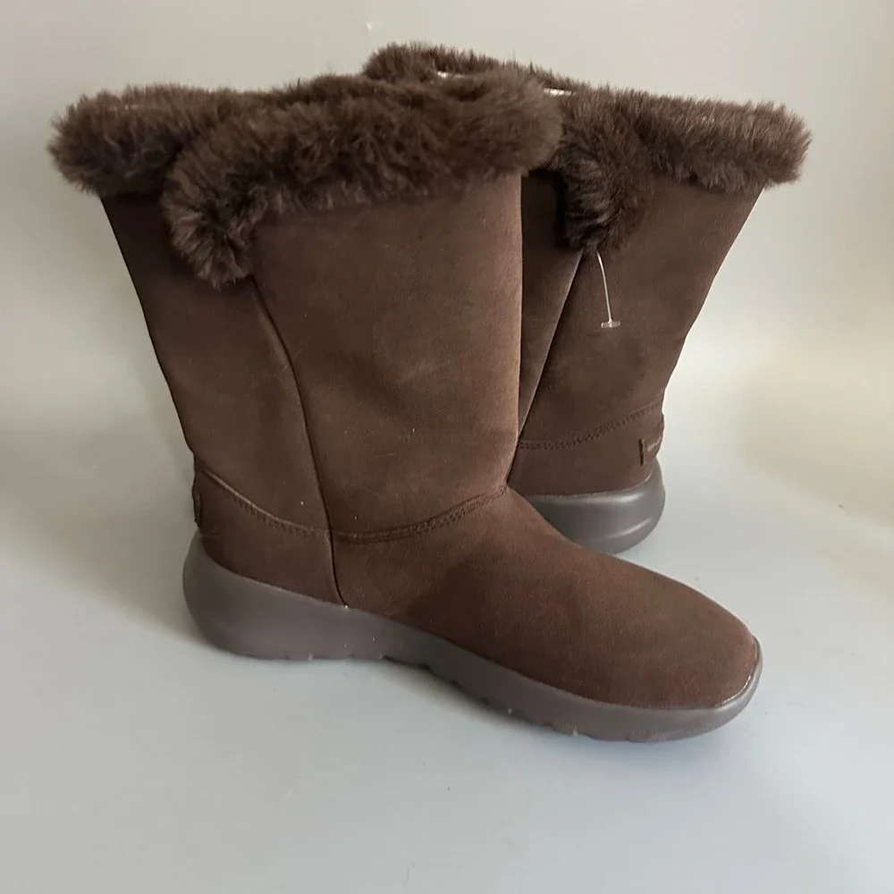 Skechers On-the-GO Joy Brown Suede Faux Fur Trim Winter Boots Womens 7
